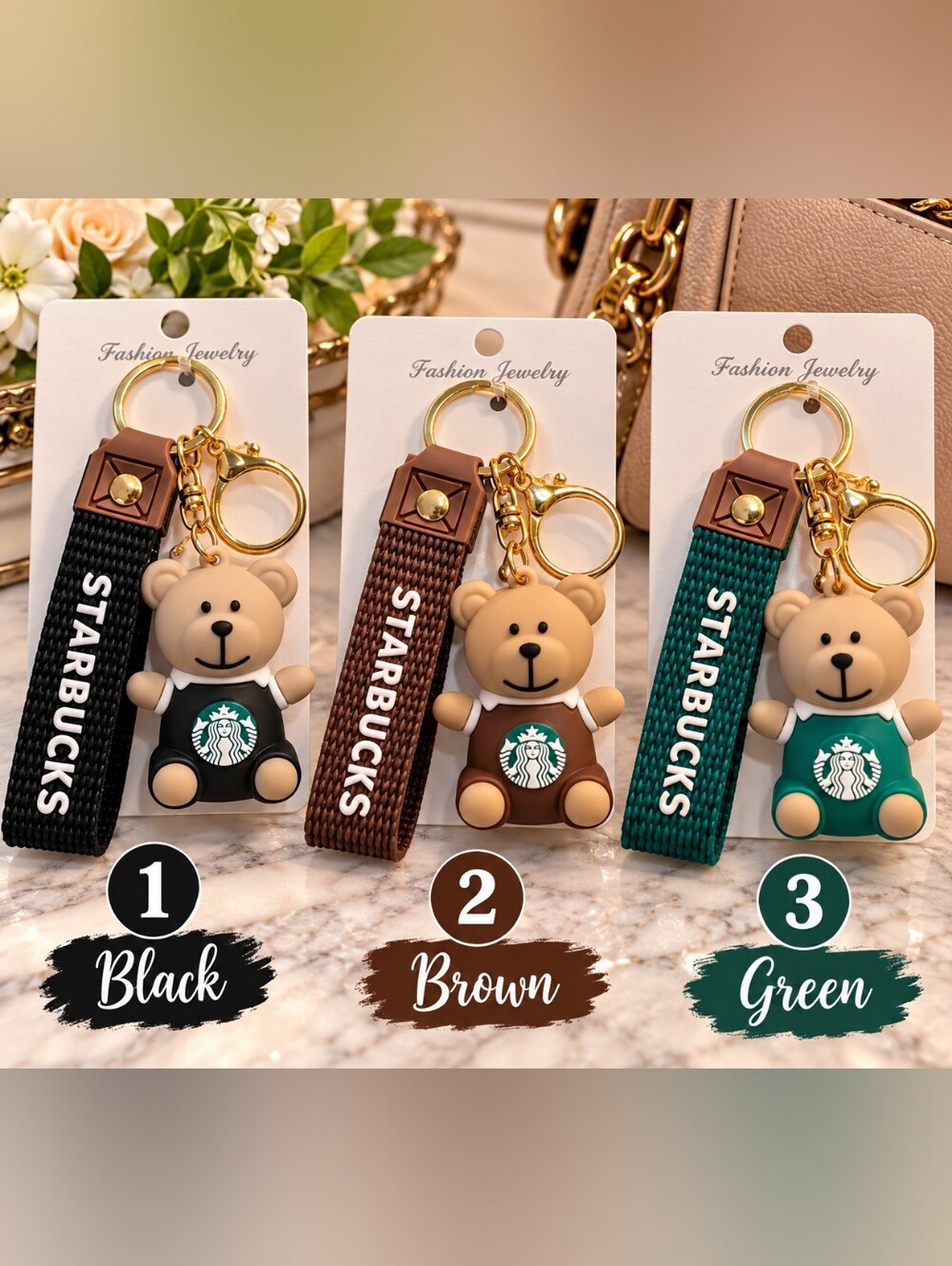 Starbucks Theme Bearista Bear Keychain with Logo Strap Set Black & Brown & Green